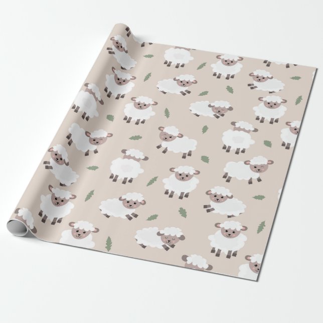 Sheep & Lamb Cute Hand Drawn Farm Animals Wrapping Paper (Unrolled)