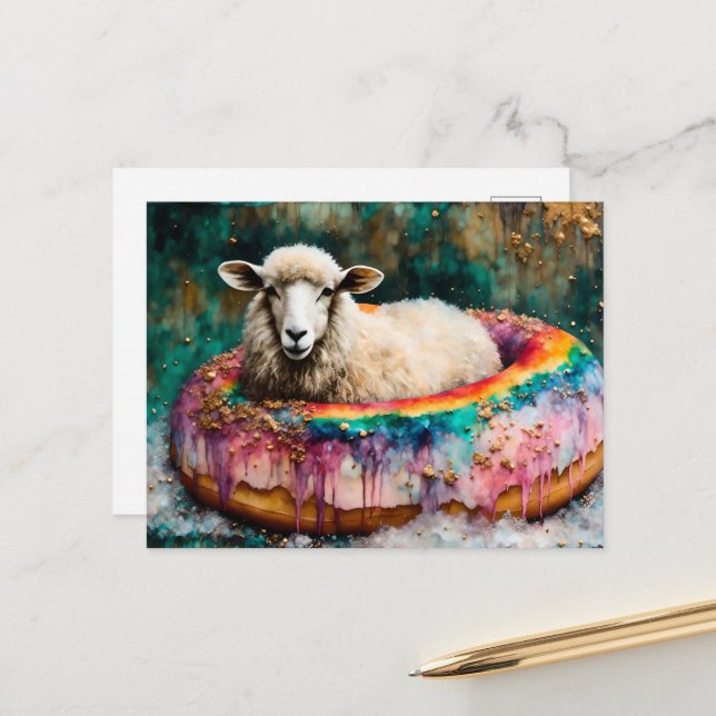 Sheep on a Rainbow Colour Floating Doughnut Postcard (Front/Back In Situ)
