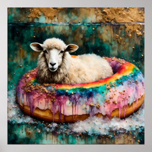 Sheep on a Rainbow Colour Floating Doughnut Poster