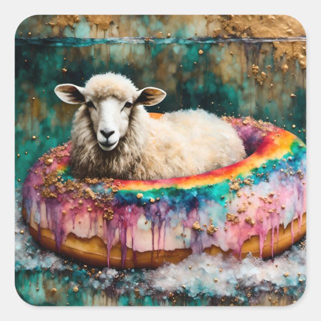 Sheep on a Rainbow Colour Floating Doughnut Square Sticker (Front)