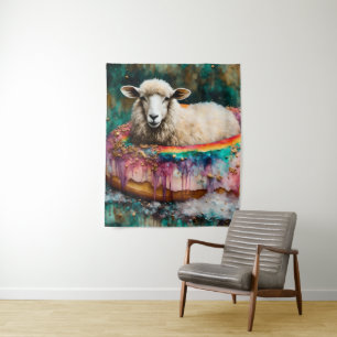 Sheep on a Rainbow Colour Floating Doughnut Tapestry