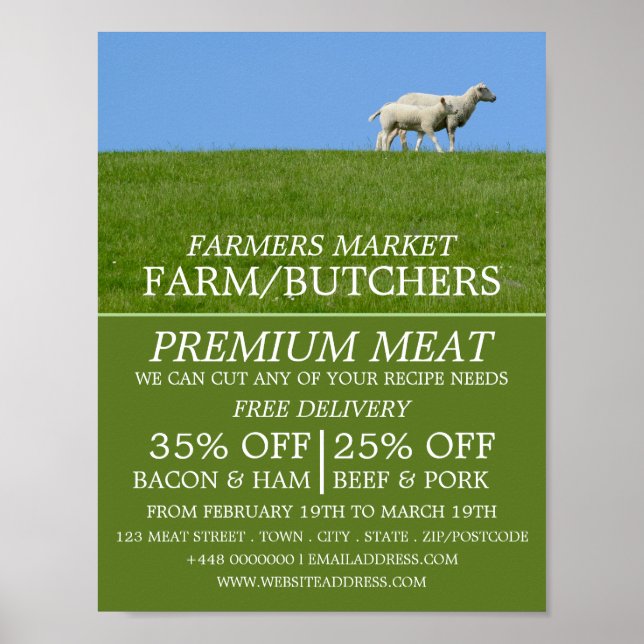 Sheep on Grass, Farmer & Butcher Advertising Poster (Front)
