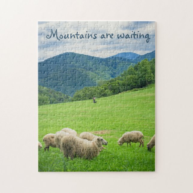 Sheep on meadow under the mountain  jigsaw puzzle (Vertical)