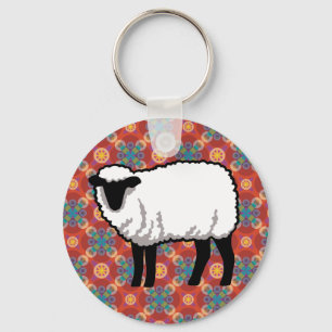 Sheep on Ornate Red Pattern Key Ring