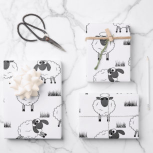 Sheep Pattern - Black and White Wrapping Paper Sheet