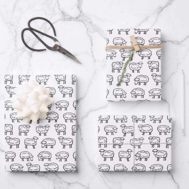 Sheep Pattern - Black and White Wrapping Paper Sheet (Front)