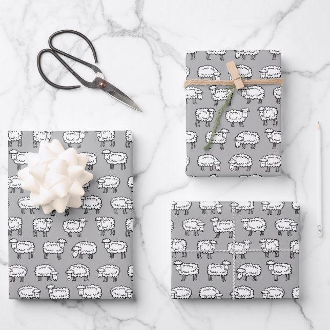 Sheep Pattern - Black, White and Grey Wrapping Paper Sheet (Front)
