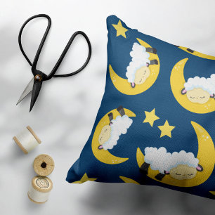 Sheep Pattern, Sleeping Sheep, Moon, Stars Decorative Cushion