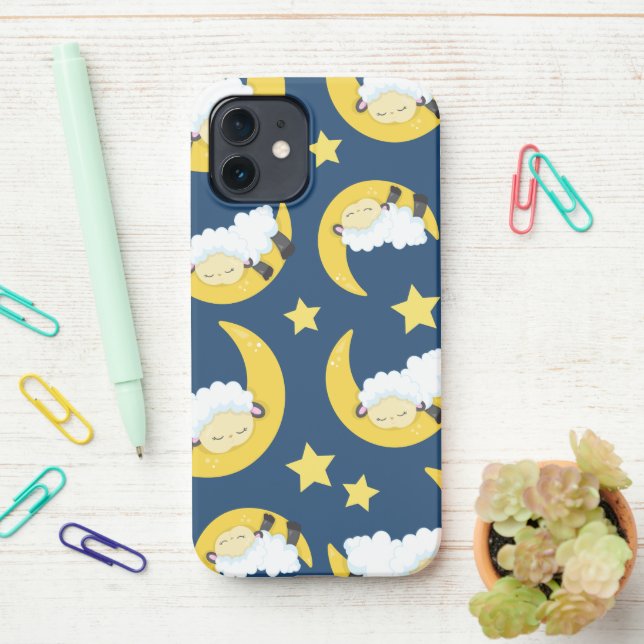 Sheep Pattern, Sleeping Sheep, Moon, Stars iPhone Case (On Desk)