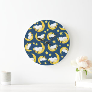 Sheep Pattern, Sleeping Sheep, Moon, Stars Large Clock