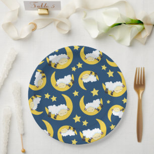 Sheep Pattern, Sleeping Sheep, Moon, Stars Paper Plate