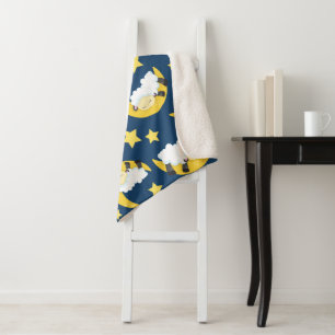 Sheep Pattern, Sleeping Sheep, Moon, Stars Sherpa Blanket