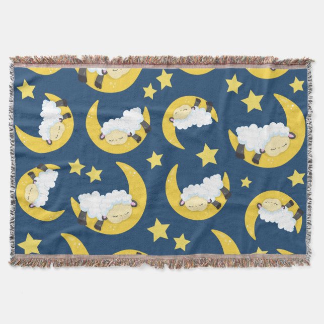 Sheep Pattern, Sleeping Sheep, Moon, Stars Throw Blanket (Front)