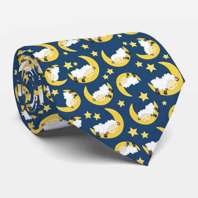 Sheep Pattern, Sleeping Sheep, Moon, Stars Tie (Rolled)