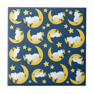 Sheep Pattern, Sleeping Sheep, Moon, Stars Tile