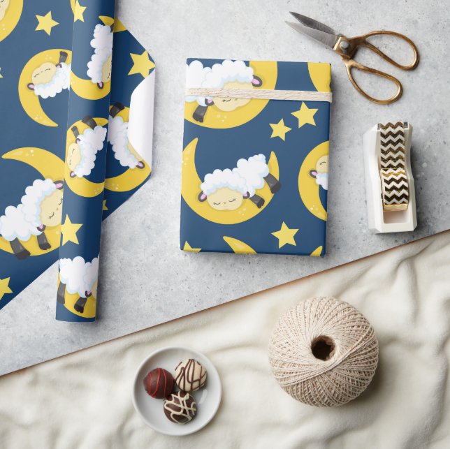 Sheep Pattern, Sleeping Sheep, Moon, Stars Wrapping Paper (Crafts)