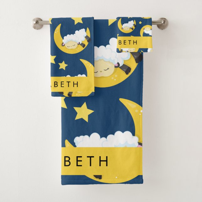 Sheep Pattern, Sleeping Sheep, Moon, Your Name Bath Towel Set (Insitu)