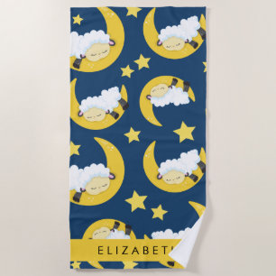 Sheep Pattern, Sleeping Sheep, Moon, Your Name Beach Towel