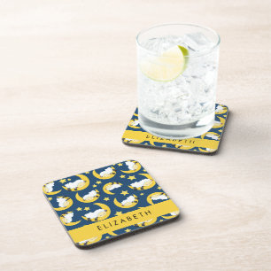 Sheep Pattern, Sleeping Sheep, Moon, Your Name Coaster