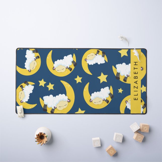 Sheep Pattern, Sleeping Sheep, Moon, Your Name Desk Mat (Kids Table)