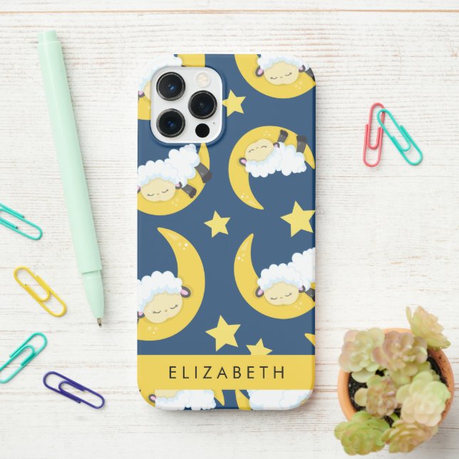 Sheep Pattern, Sleeping Sheep, Moon, Your Name iPhone Case (On Desk)