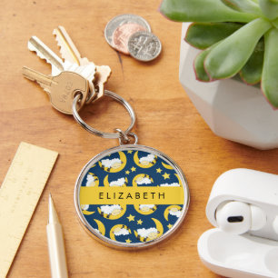 Sheep Pattern, Sleeping Sheep, Moon, Your Name Key Ring