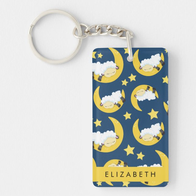 Sheep Pattern, Sleeping Sheep, Moon, Your Name Key Ring (Front)