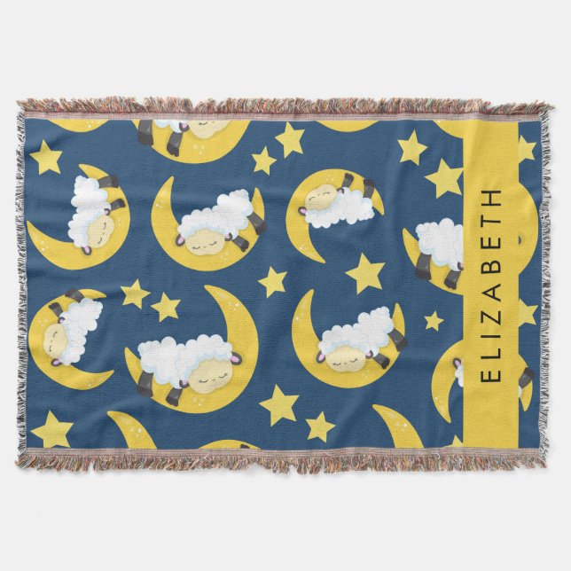 Sheep Pattern, Sleeping Sheep, Moon, Your Name Throw Blanket (Front)