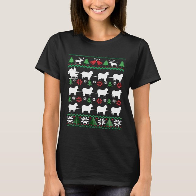 Sheep Pulling Santa Christmas T-Shirt (Front)