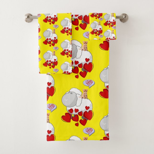 Sheep Red Hearts Kitten  Bathroom Towel Sets (Insitu)
