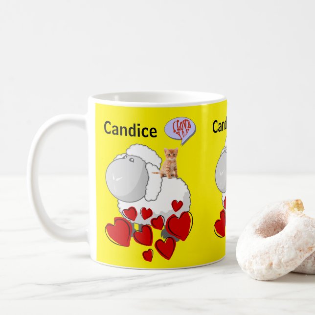 Sheep Red Hearts  Yellow Mug (With Donut)