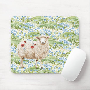 Sheep Red Poppies Blue Flowers Meadow Mouse Mat