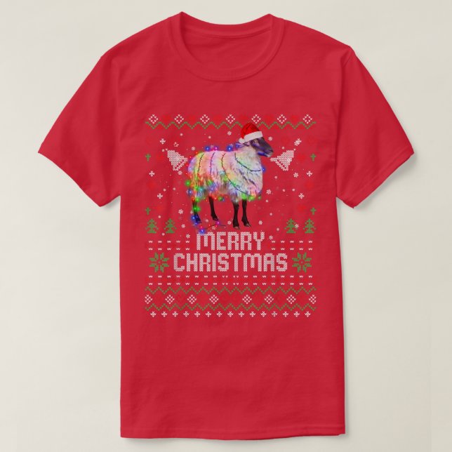 Sheep Santa Hat Animal Christmas Tree Lights Holid T-Shirt (Design Front)