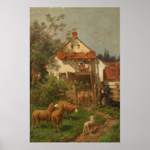 Sheep, Shepherd at the Farm Poster