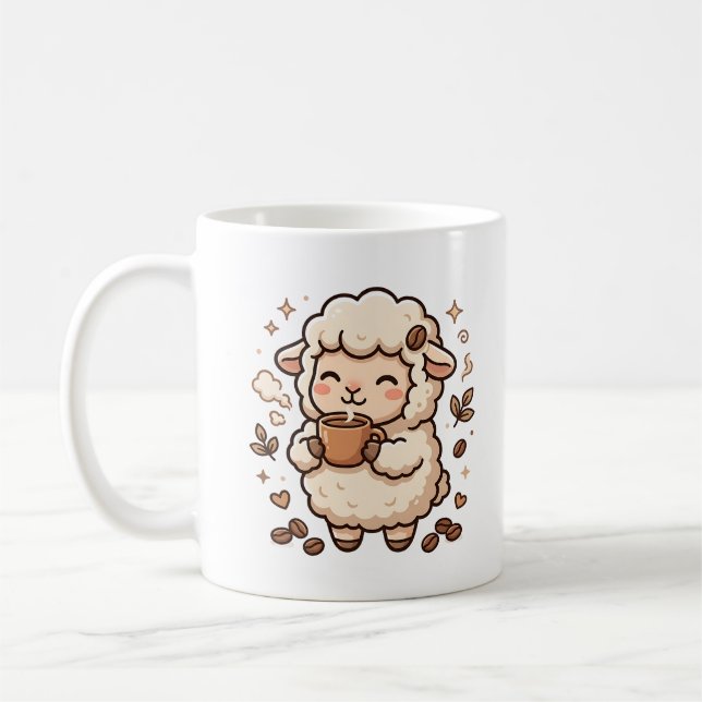 Sheep Sipping Coffee Mug Kawaii Art (Left)