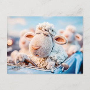 Sheep sleeping at car steering wheel illustration holiday postcard