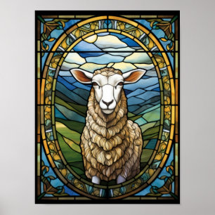 Sheep Stained Glass Pastoral Farm Animal Poster
