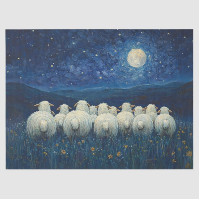 Sheep Starry Night Oil Painting Decoupage Tissue Paper (Front)