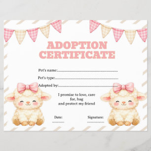 Sheep stuffed adopt a pet certificate editable flyer