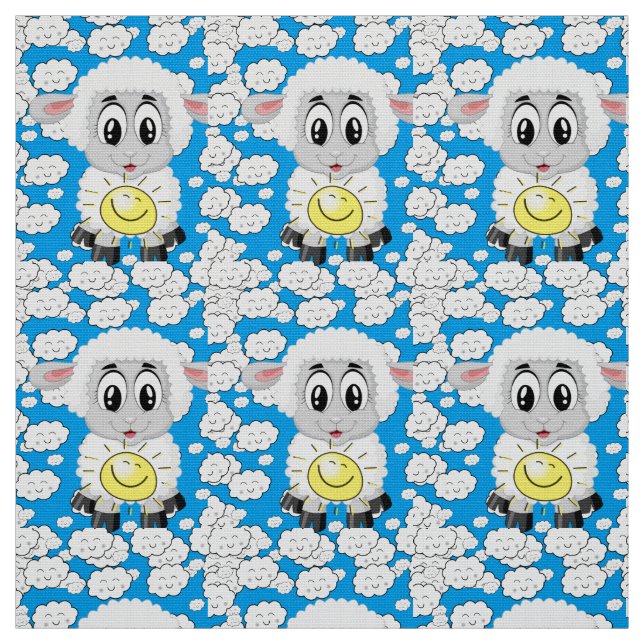 Sheep Sun Clouds Blue Fabric (Swatch)
