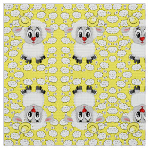 Sheep Sun Clouds Yellow Fabric