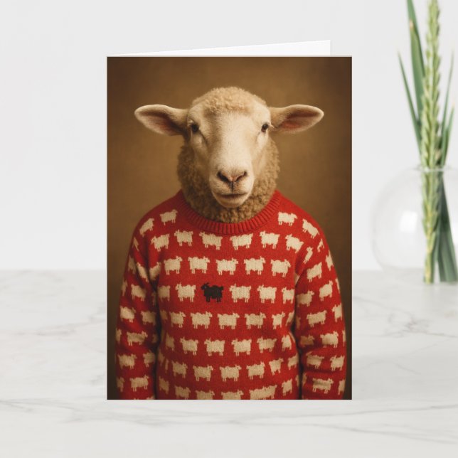 Sheep Wearing Black Sheep Sweater Warm Wishes Holiday Card (Front)