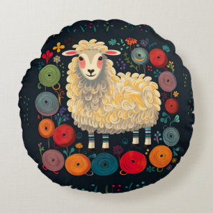 Sheep with colourful yarn round pillow