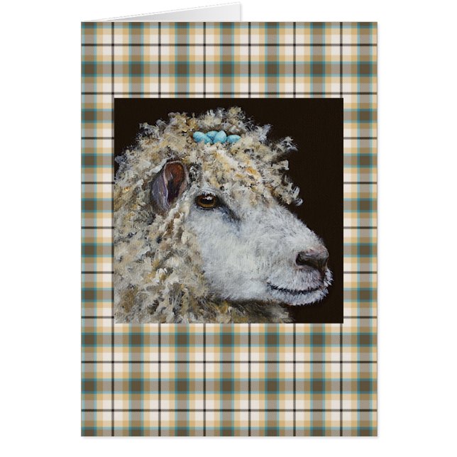sheep with nest card on plaid (Front)