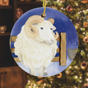 Sheep with the Curly Horn (Friendly Beasts Series) Ceramic Tree Decoration
