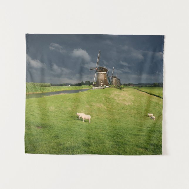 Sheep with windmills under dark clouds tapestry (Front (Horizontal))