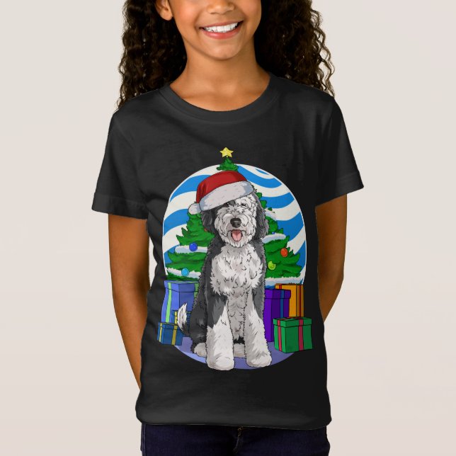 Sheepadoodle Cute Dog Santa Christmas Tree Decor T-Shirt (Front)