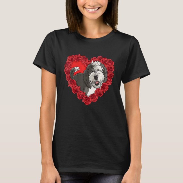 Sheepadoodle Heart Roses Valentine Day Dog Mom T-Shirt (Front)