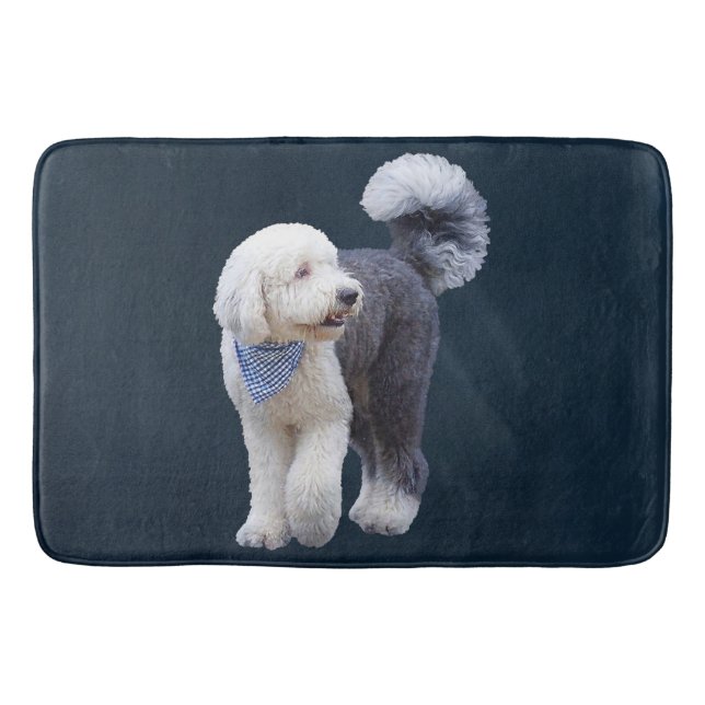 Sheepadoodle With Blue Chequered Scarf Bath Mat (Front)