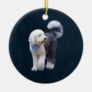 Sheepadoodle With Blue Chequered Scarf Ceramic Tree Decoration